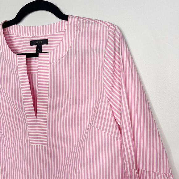J Crew Womens Size 2 Pink White Bell 3/4 Sleeve Blouse Top Split V Neck Cotton - Picture 3 of 12